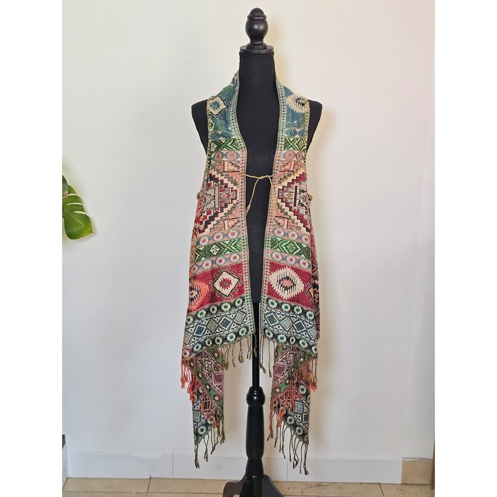 Boho Southwestern Tapestry Fringe Open Front Vest Kimono Wrap One Size artsy